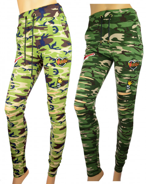 Damen Mädchen Camouflage Leggings Used Look Schlitze Patches Röhren Tarnung Camo